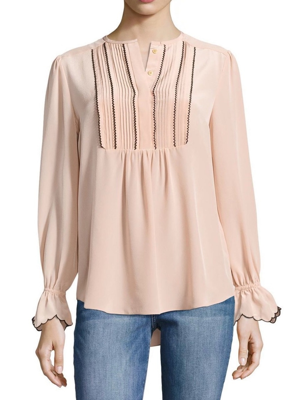 Rachel Zoe Regina Silk Dusty Blush Long-Sleeve Pintuck Peasant Blouse